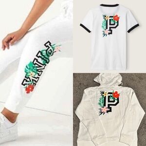 PINK 3-Piece Set Optic White Tropic Logo - Ringer Tee, Full-Zip Hoodie, Joggers